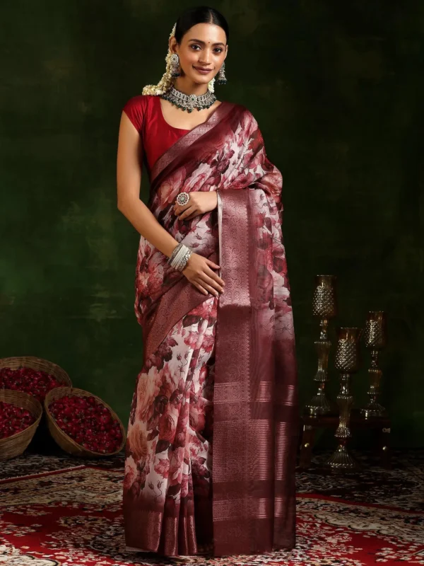 Maroon Printed Silk Blend Saree With Unstitched Blouse Piece - Image 4