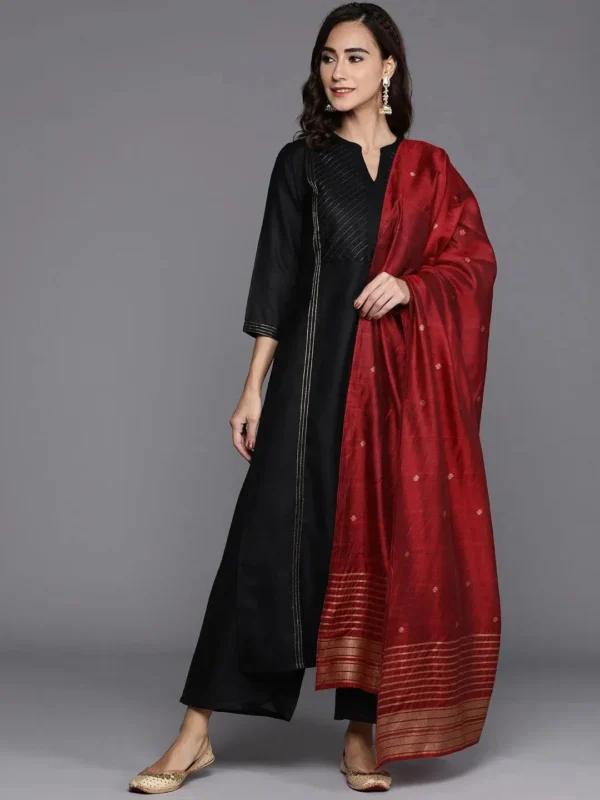 Black Solid Cotton Straight Kurta With Palazzos & Dupatta - Image 5