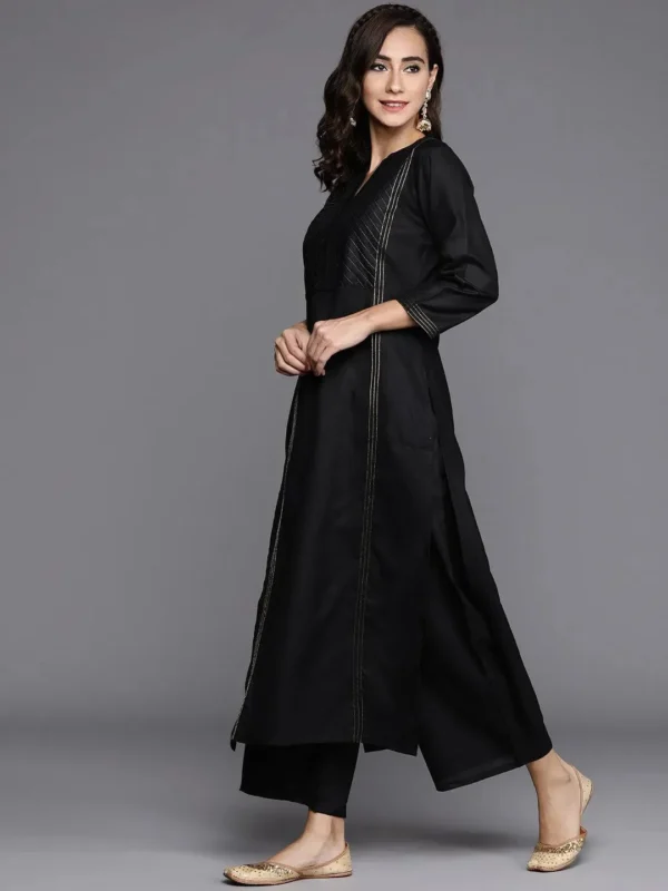 Black Solid Cotton Straight Kurta With Palazzos & Dupatta - Image 4