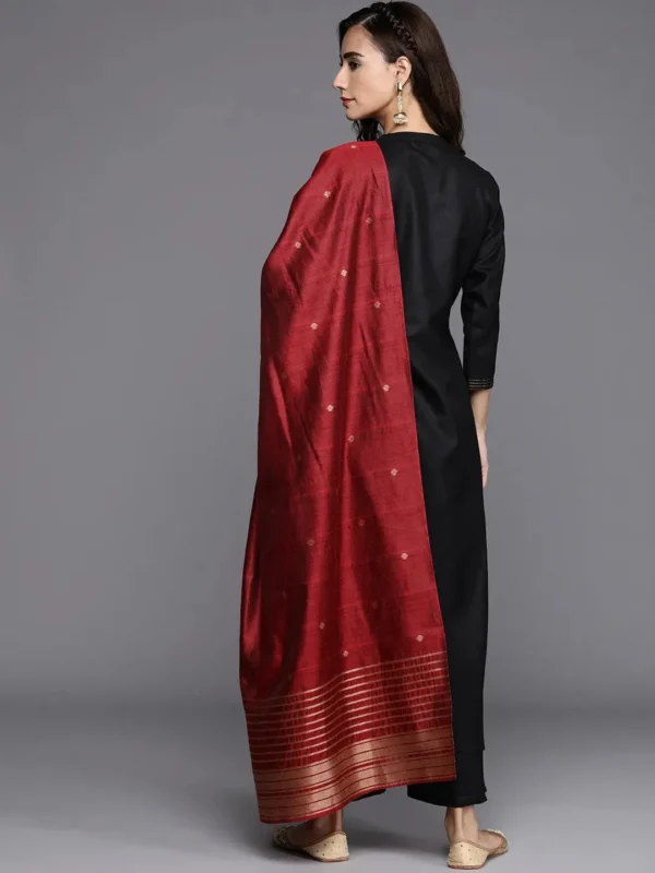 Black Solid Cotton Straight Kurta With Palazzos & Dupatta - Image 3