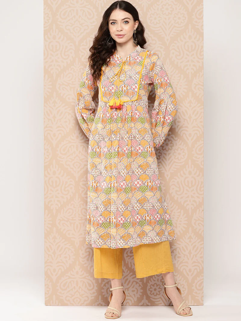 Ladies Multicolor Cotton Ethnic Motifs A-Line Kurta