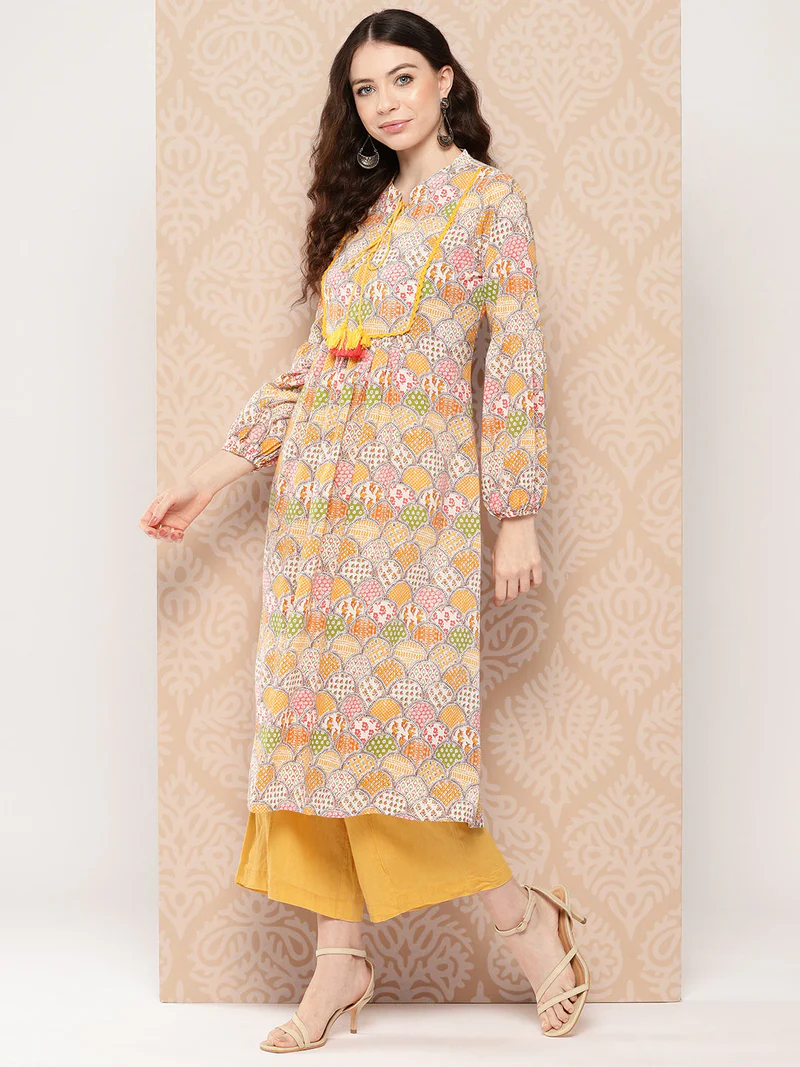 Ladies Multicolor Cotton Ethnic Motifs A-Line Kurta - Image 5