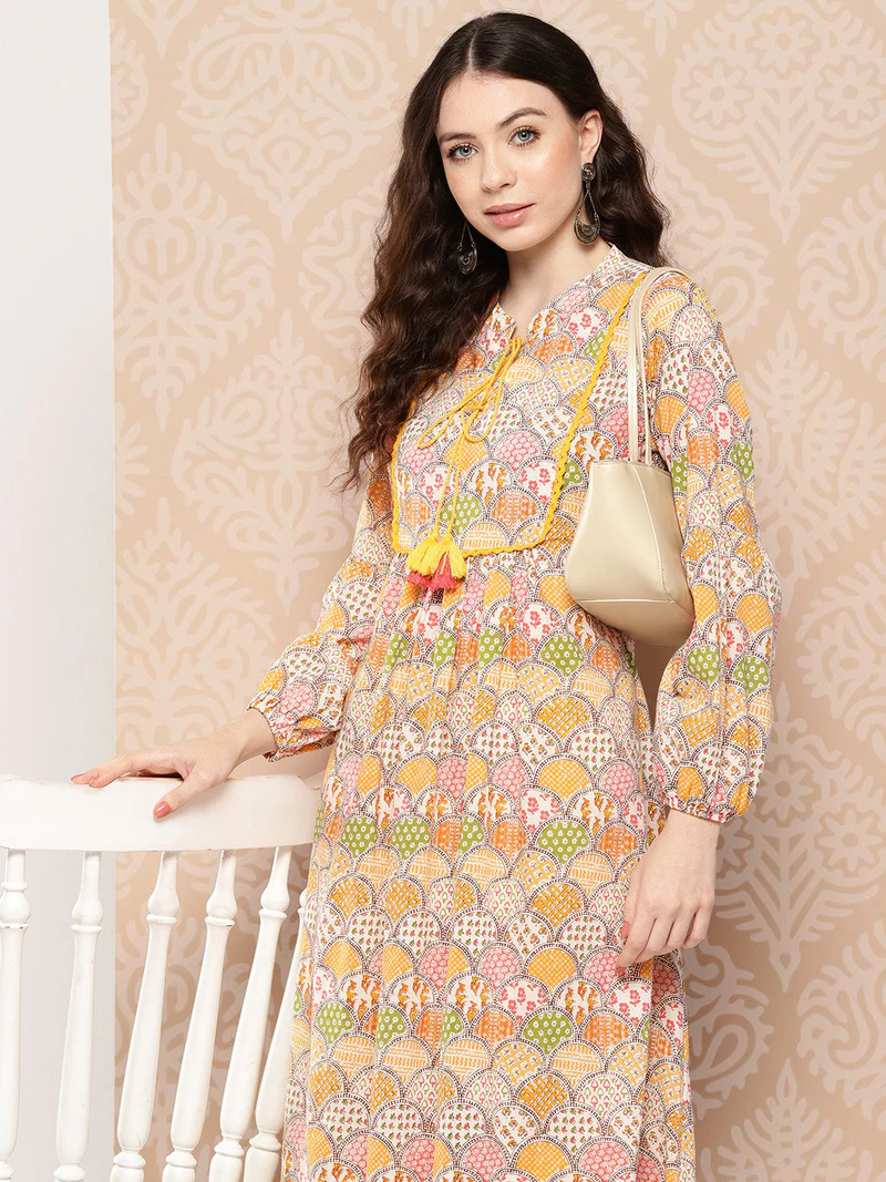 Ladies Multicolor Cotton Ethnic Motifs A-Line Kurta - Image 3
