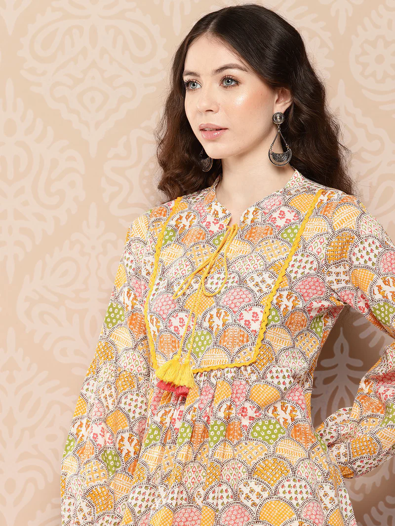 Ladies Multicolor Cotton Ethnic Motifs A-Line Kurta - Image 4