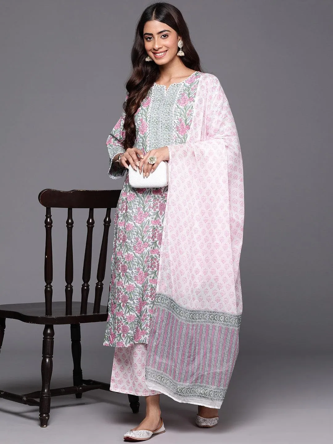 Ladies Pink Printed Cotton Straight Suit With Dupatta - Image 6