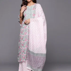 Ladies Pink Printed Cotton Straight Suit With Dupatta