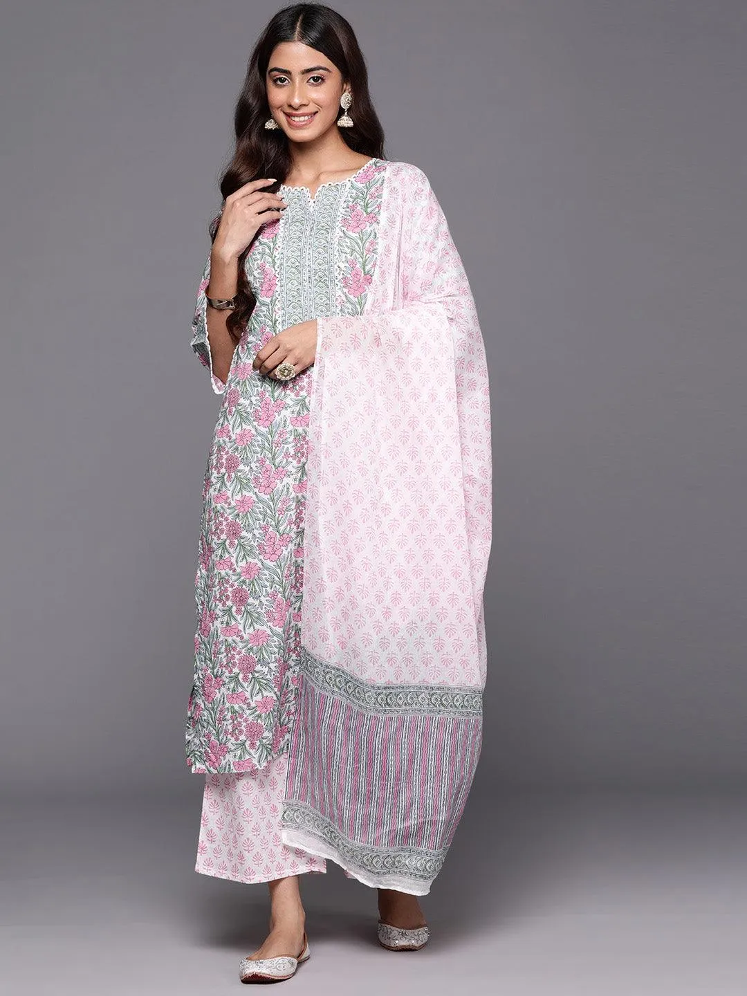 Ladies Pink Printed Cotton Straight Suit With Dupatta