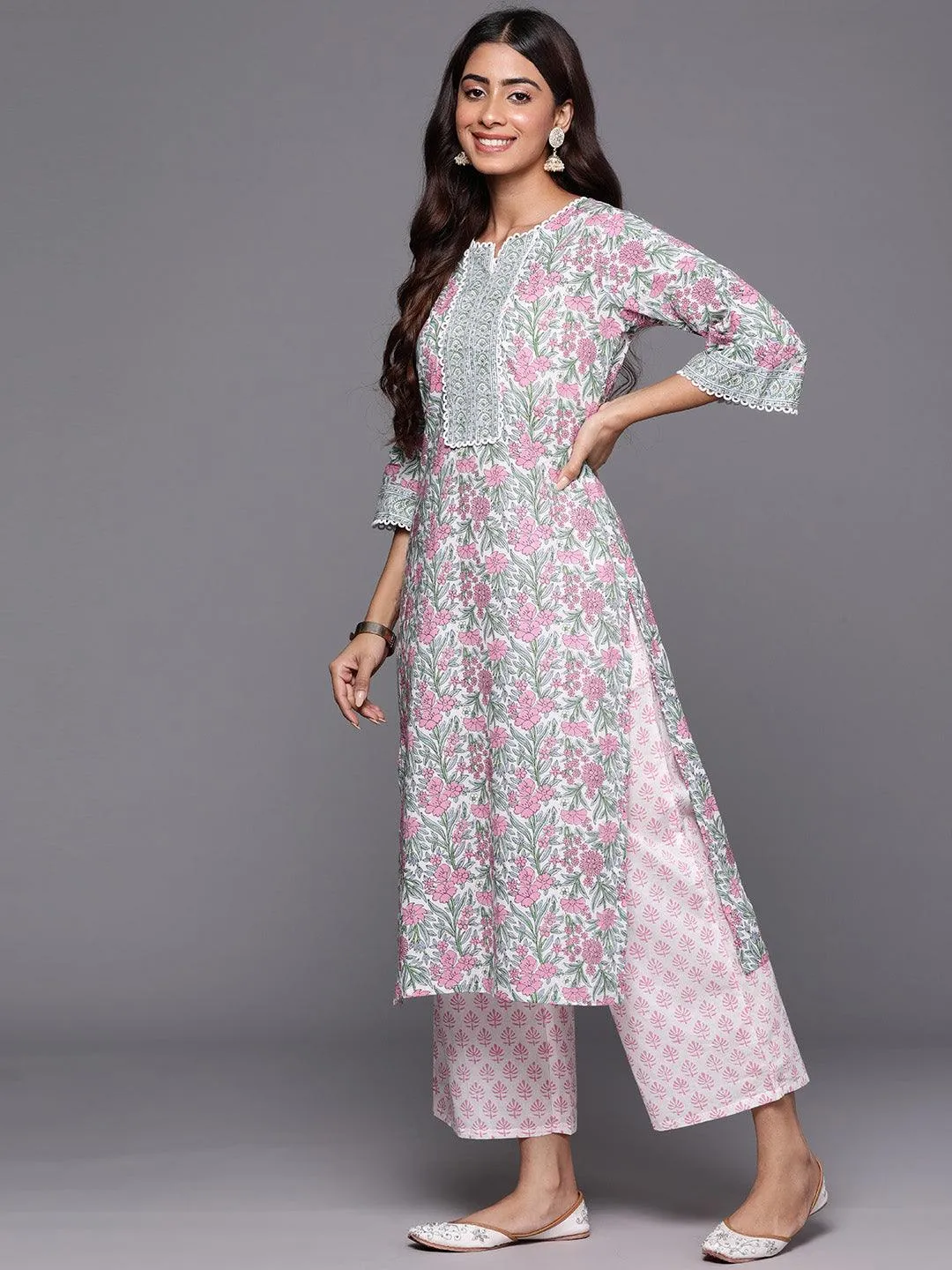 Ladies Pink Printed Cotton Straight Suit With Dupatta - Image 4