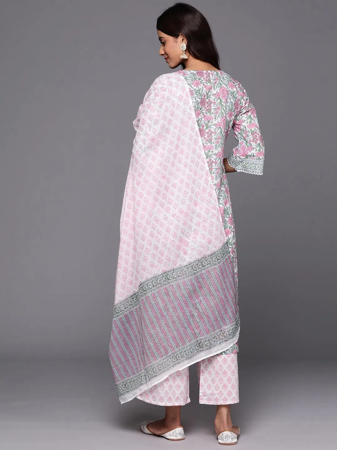 Ladies Pink Printed Cotton Straight Suit With Dupatta - Image 3