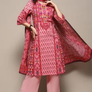 Ladies Pink Cotton Printed Straight Suit Set