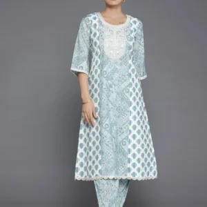 Women Blue Printed Silk Blend A-Line Kurta With Salwar