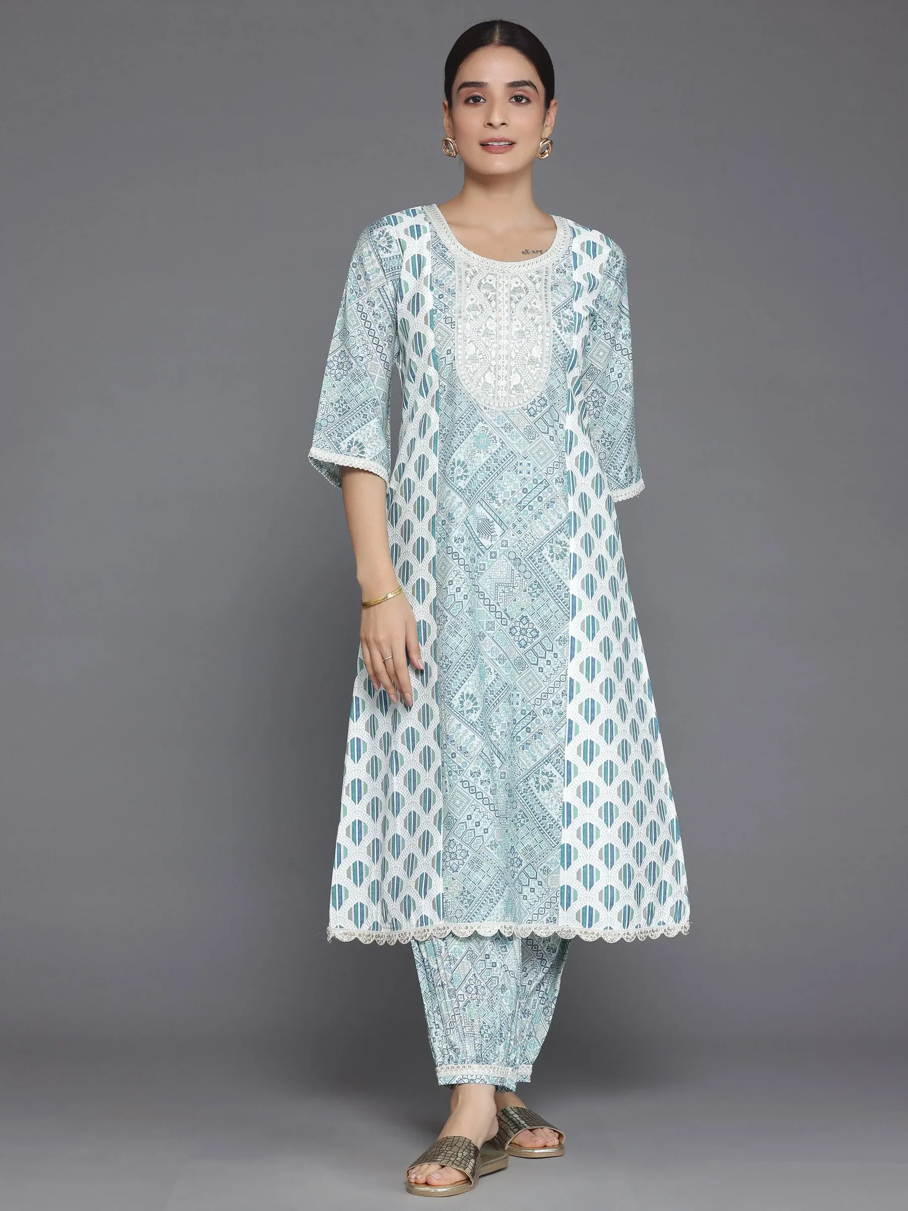 Women Blue Printed Silk Blend A-Line Kurta With Salwar