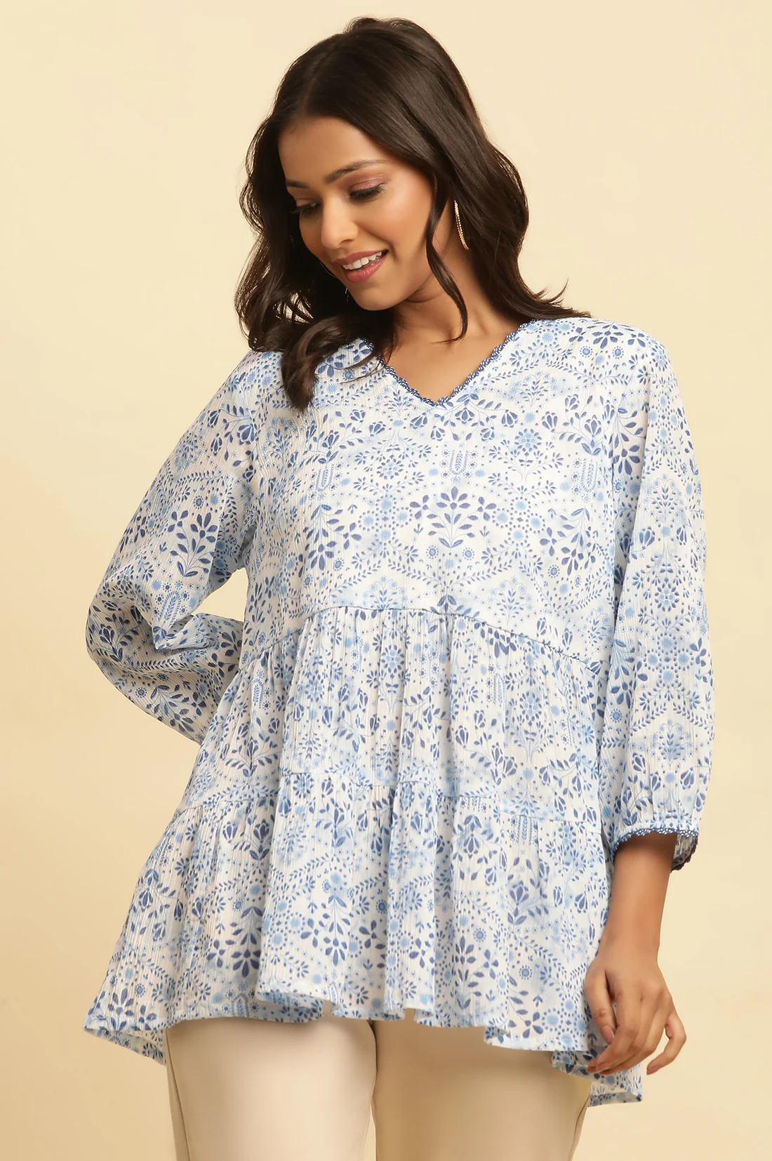 White Floral Printed Gathered Top - Image 6