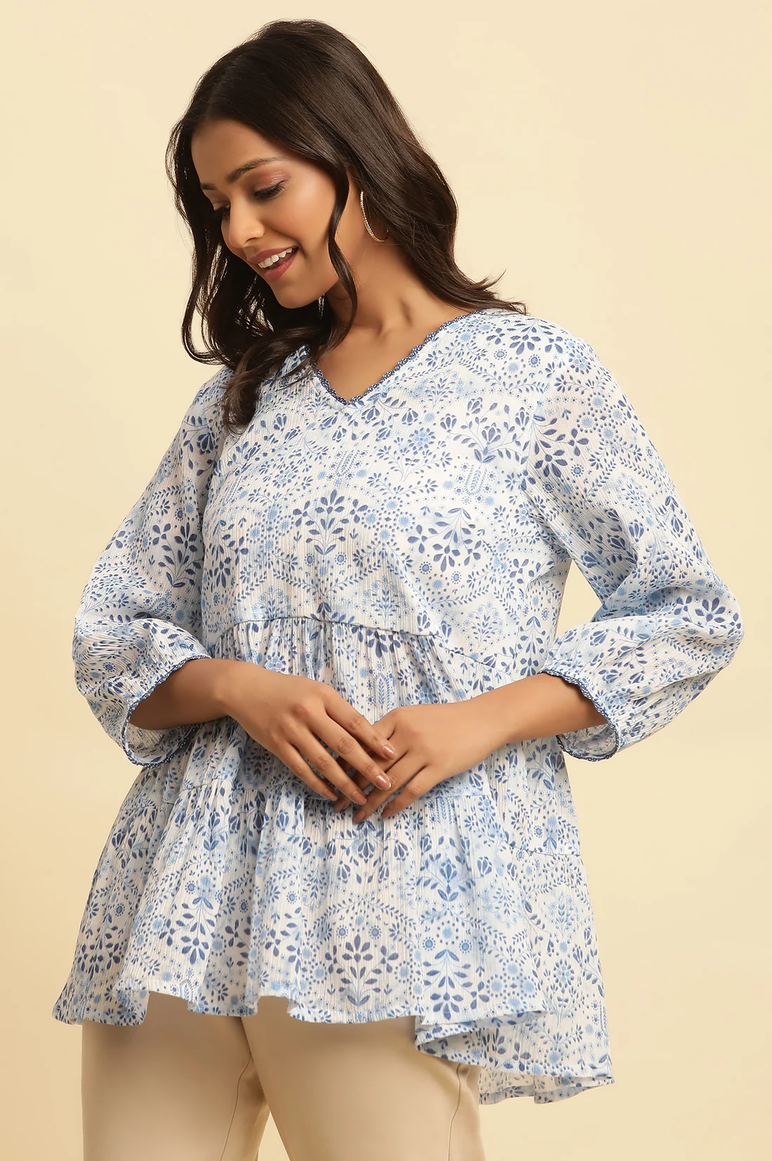 White Floral Printed Gathered Top - Image 5