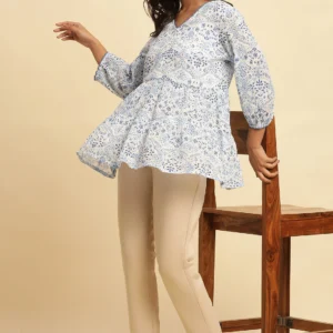 White Floral Printed Gathered Top