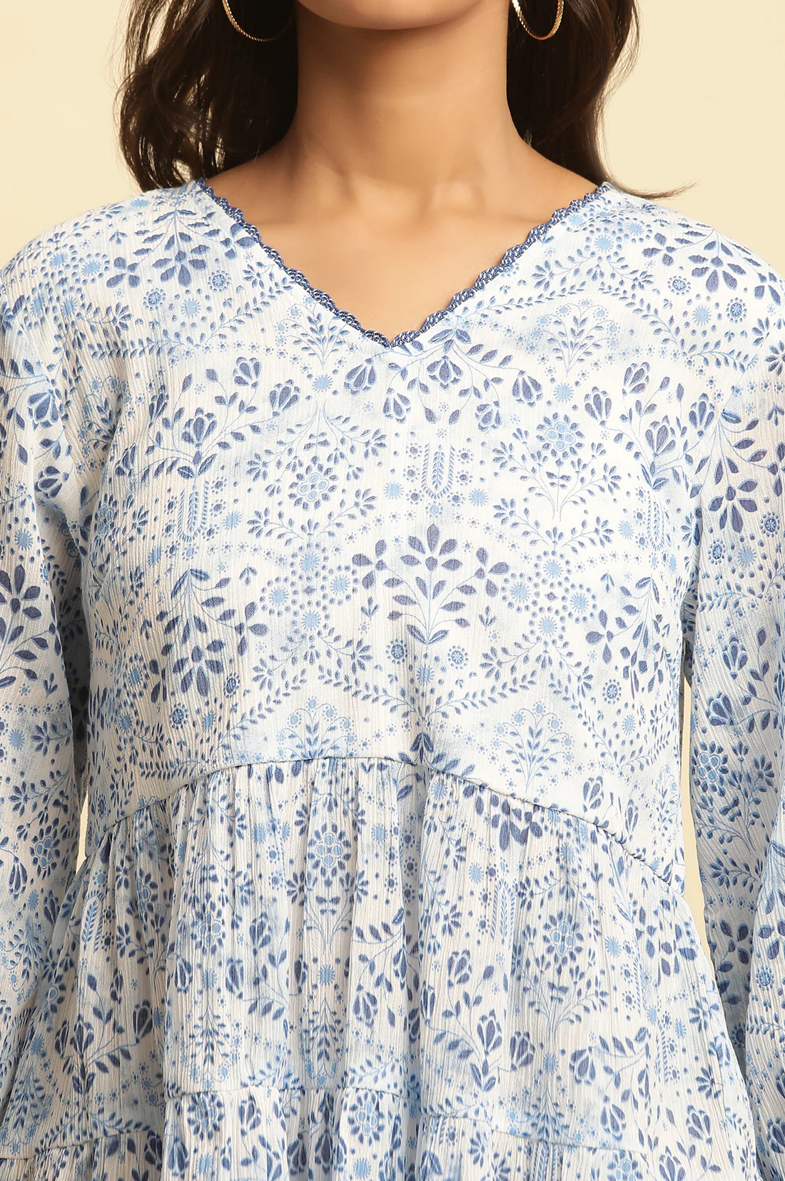 White Floral Printed Gathered Top - Image 2