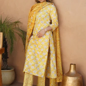 Women Yellow Printed Cotton Straight Suit With Dupatta