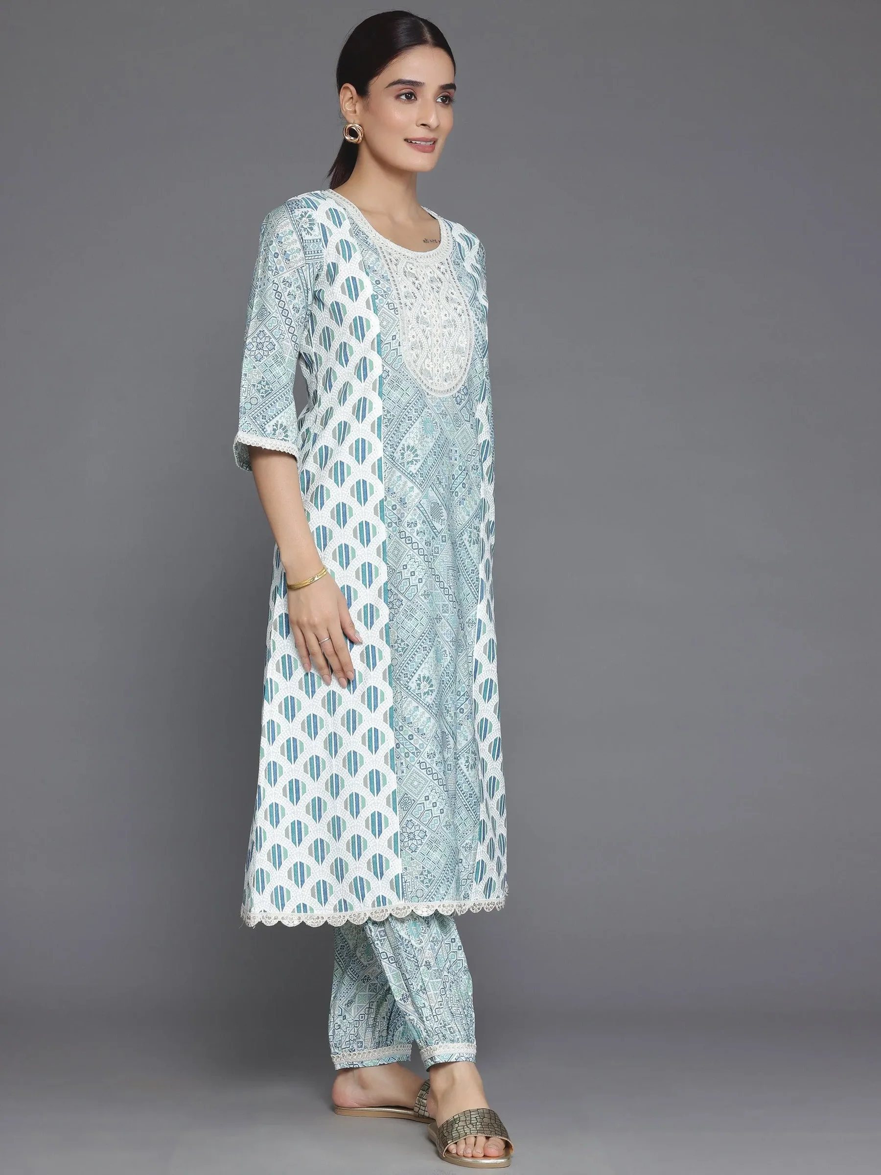 Women Blue Printed Silk Blend A-Line Kurta With Salwar - Image 5