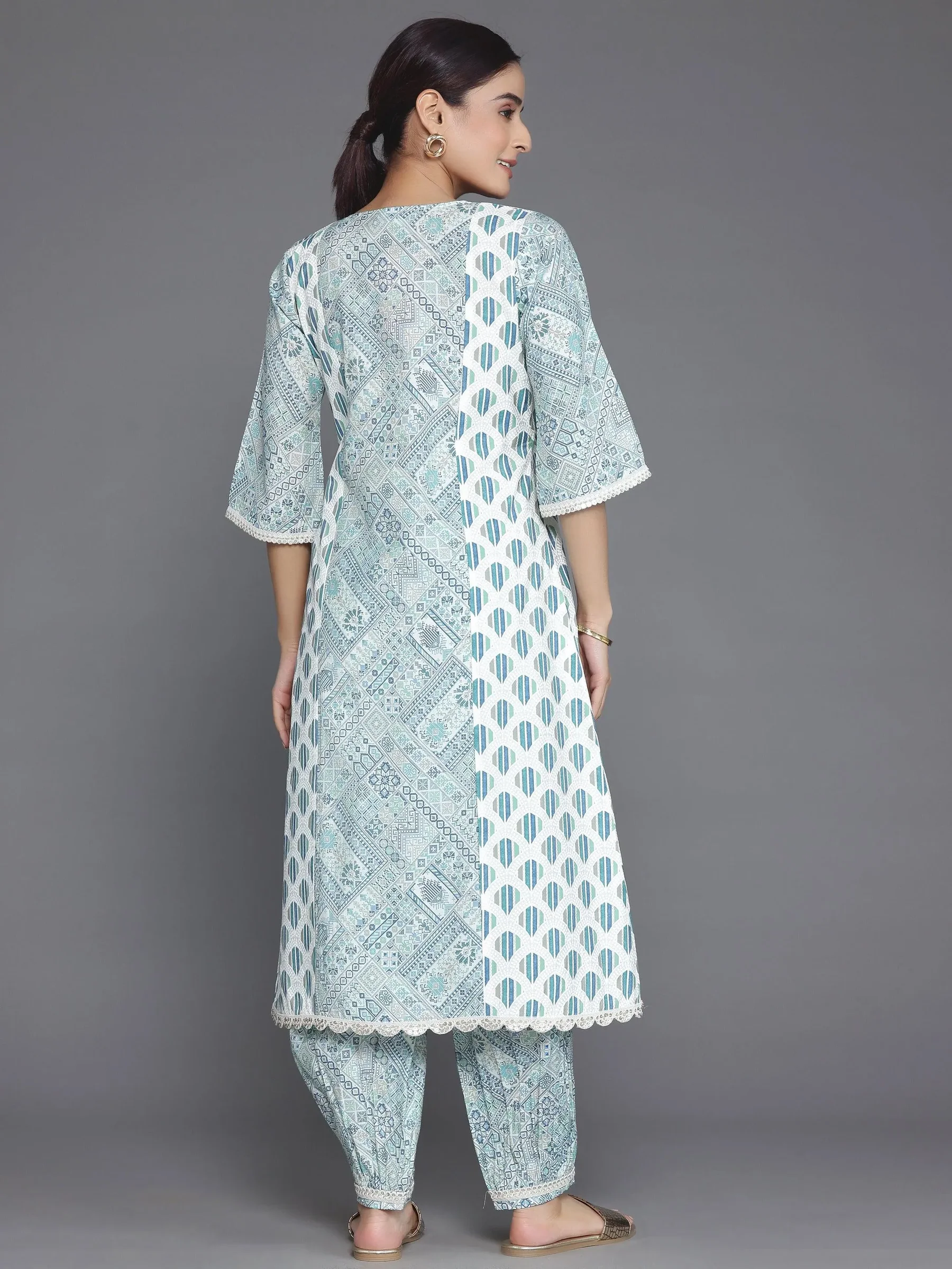 Women Blue Printed Silk Blend A-Line Kurta With Salwar - Image 4