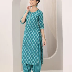 Women Teal Printed Cotton Straight Suit Set With Dupatta