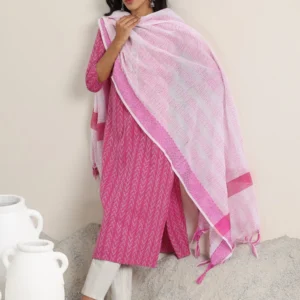 Women Pink Woven Design Cotton Straight Suit With Dupatta