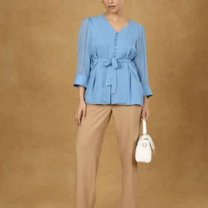 Women Blue Solid Button Down Belted Top
