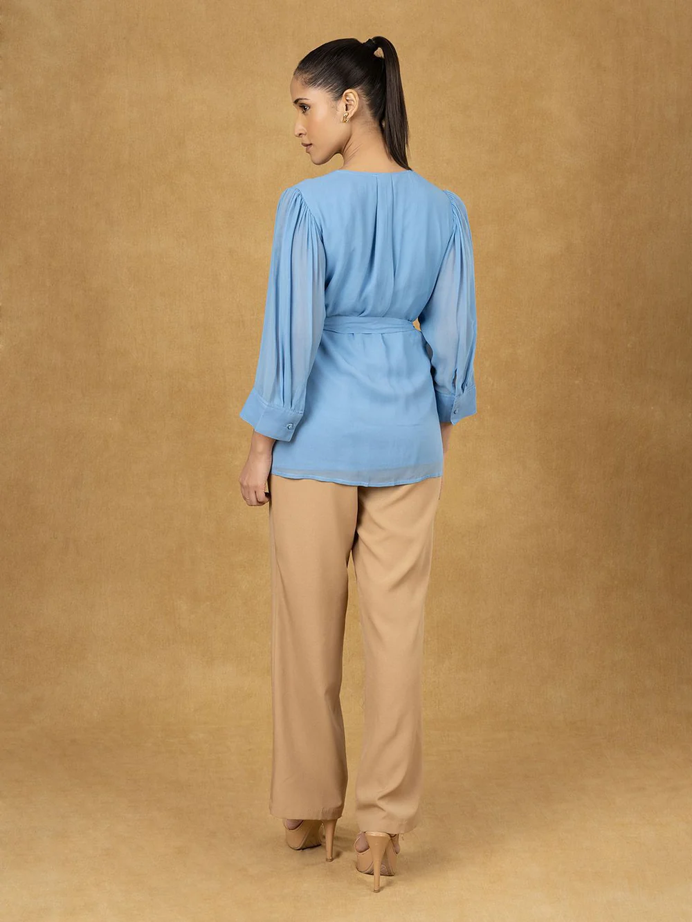 Women Blue Solid Button Down Belted Top - Image 3