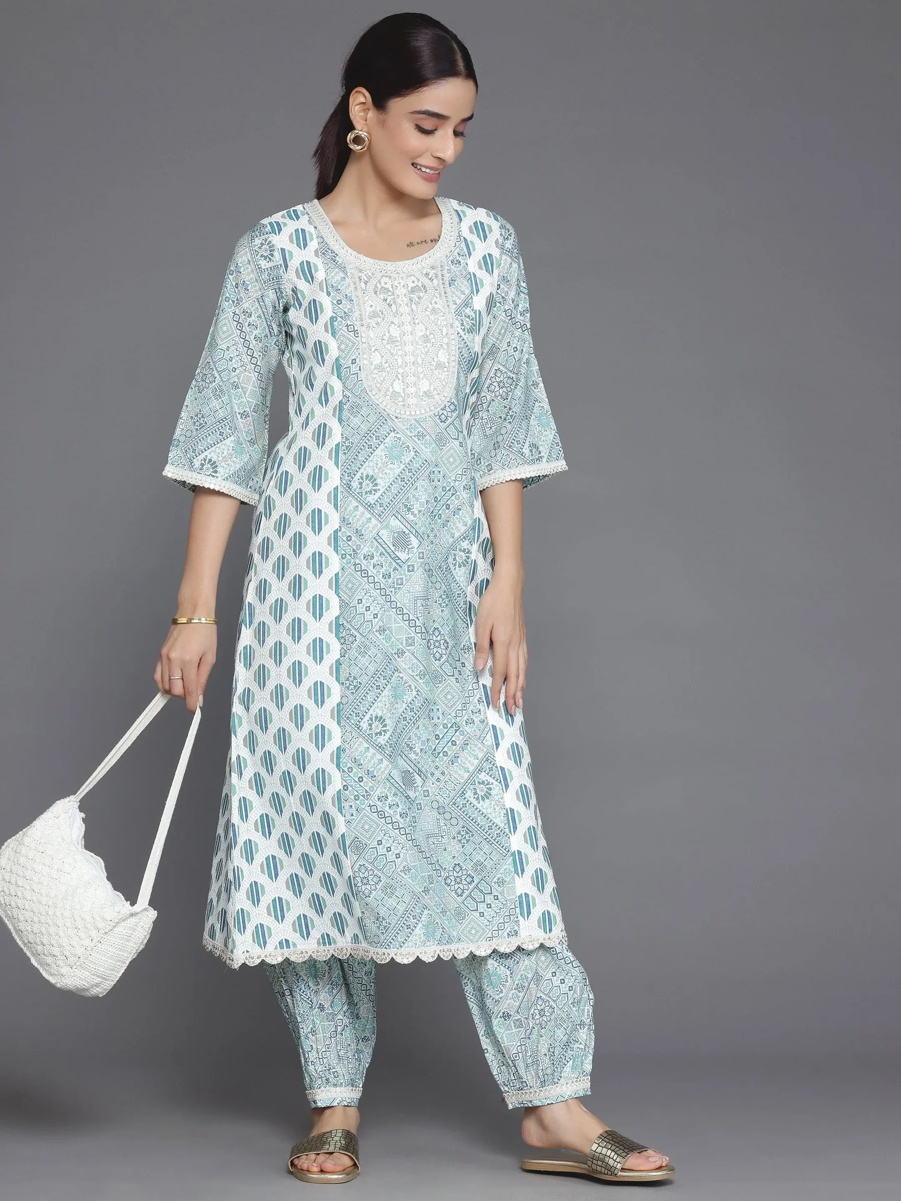 Women Blue Printed Silk Blend A-Line Kurta With Salwar - Image 7