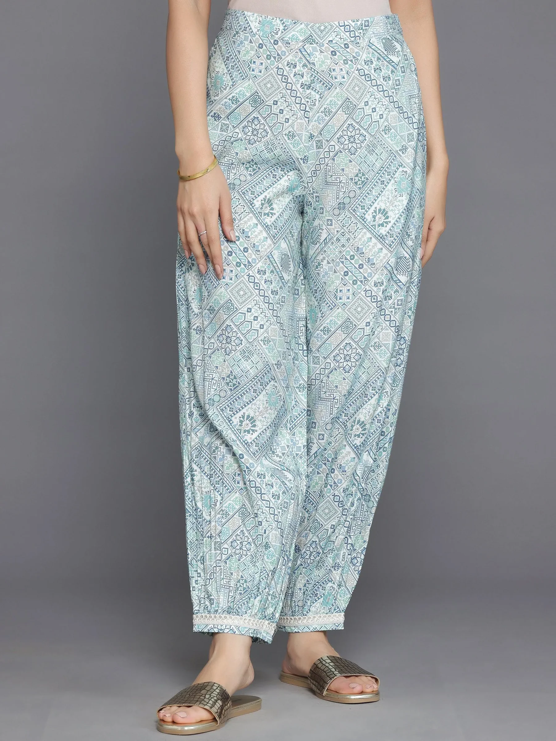 Women Blue Printed Silk Blend A-Line Kurta With Salwar - Image 2