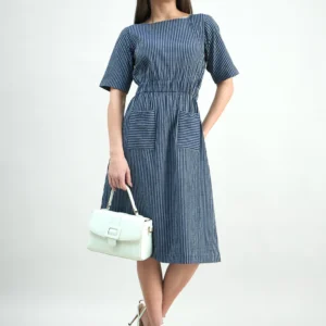 Women Comfort Fit Cotton Elasticated-Waist Striped Dress