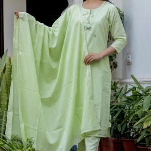 Women Green Mirror Embellished Cotton Suit Set