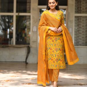 Women Yellow Floral Printed Cotton Suit Set