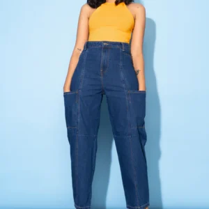 Women dark blue side pocket women's baggy jeans