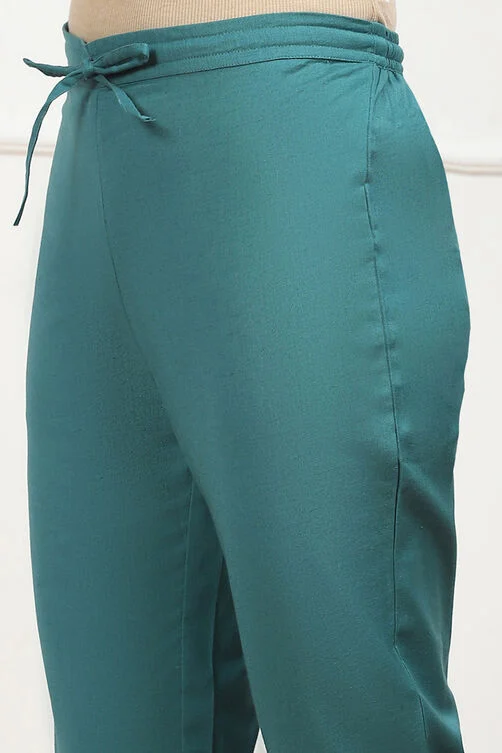 Women Green Cotton Solid Regular Pants - Image 6