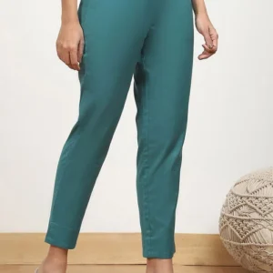 Women Green Cotton Solid Regular Pants