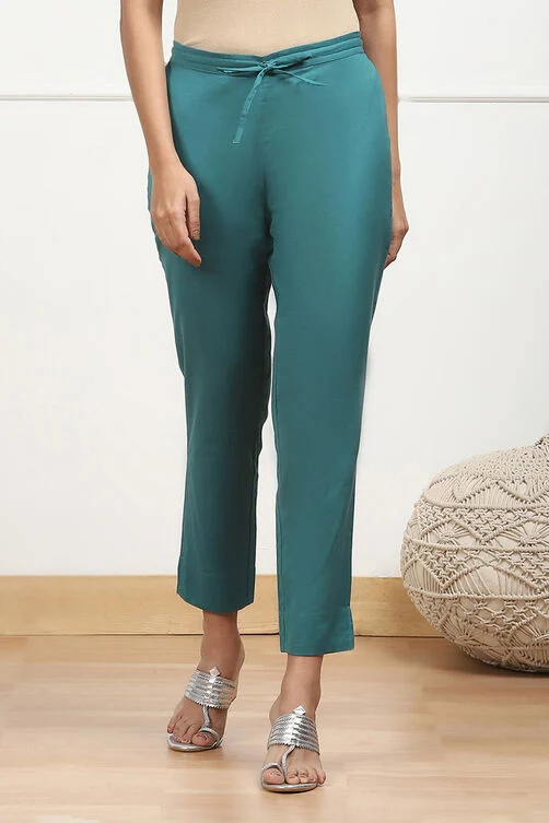 Women Green Cotton Solid Regular Pants - Image 3