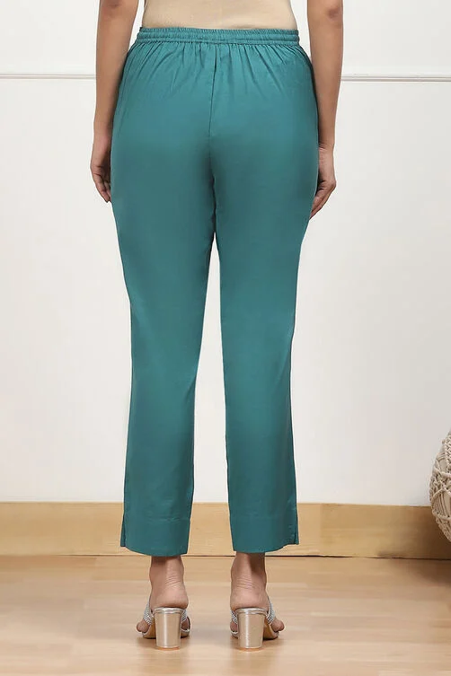 Women Green Cotton Solid Regular Pants - Image 2