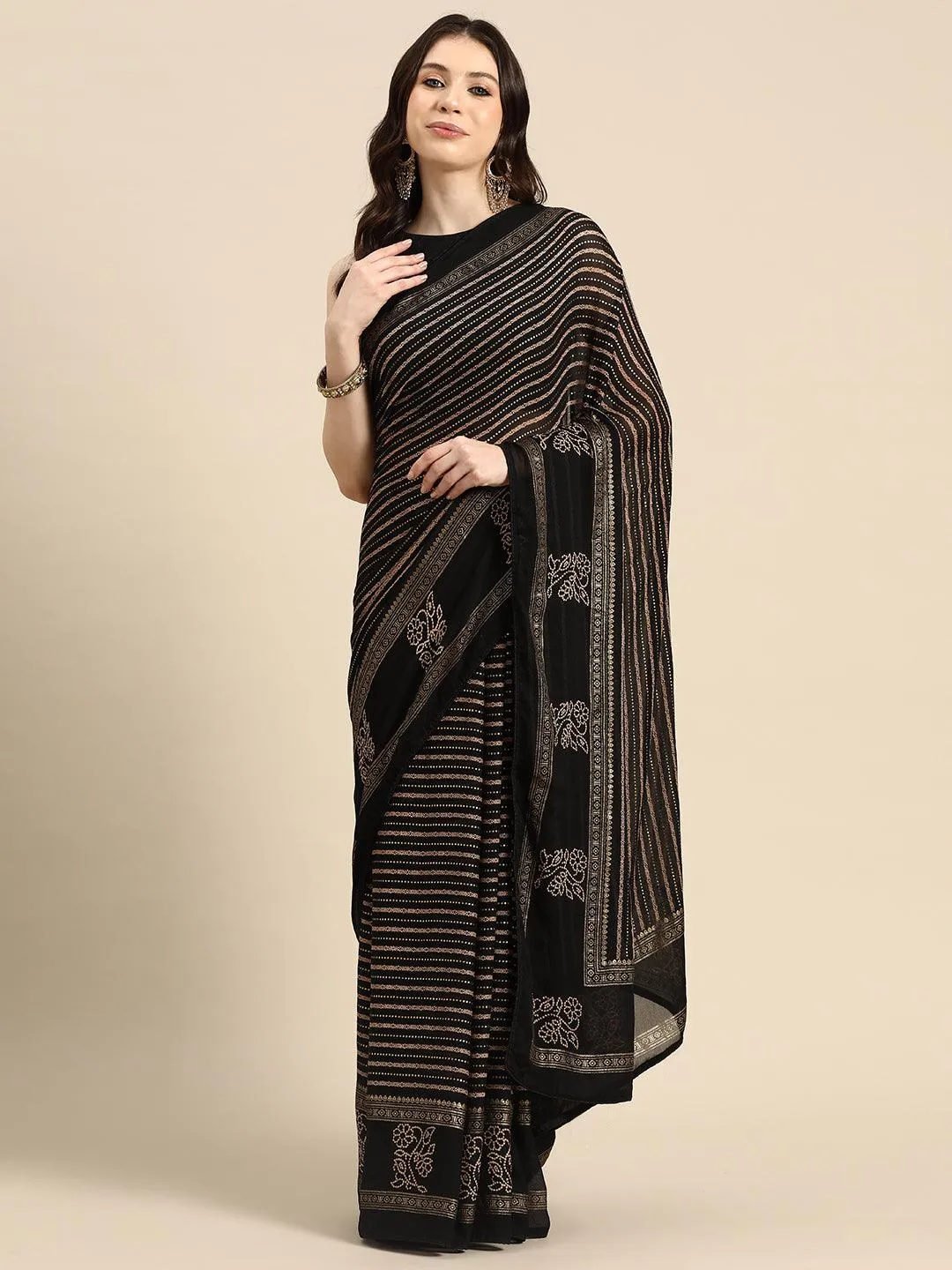 Women Black Printed Georgette Saree