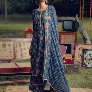 Women Blue Printed Silk Blend Straight Kurta With Palazzos & Dupatta