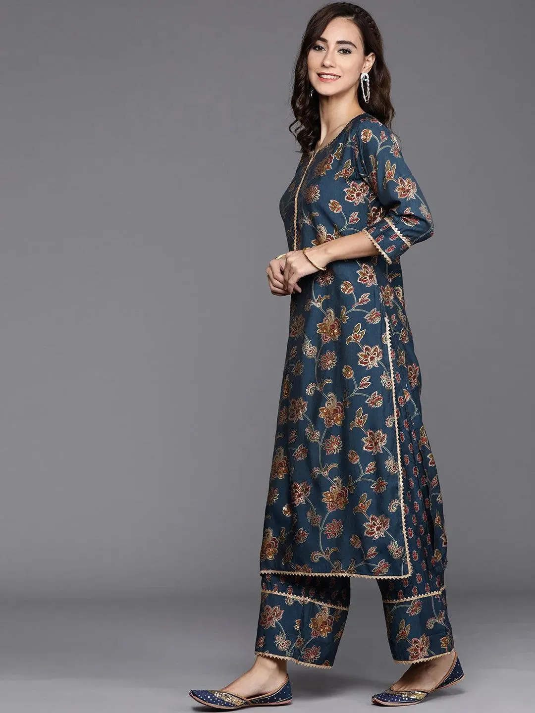 Women Blue Printed Silk Blend Straight Kurta With Palazzos & Dupatta - Image 4