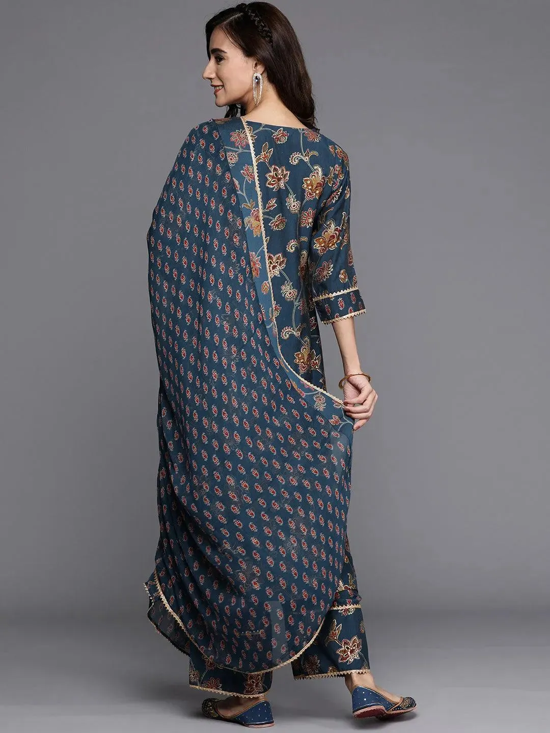 Women Blue Printed Silk Blend Straight Kurta With Palazzos & Dupatta - Image 3