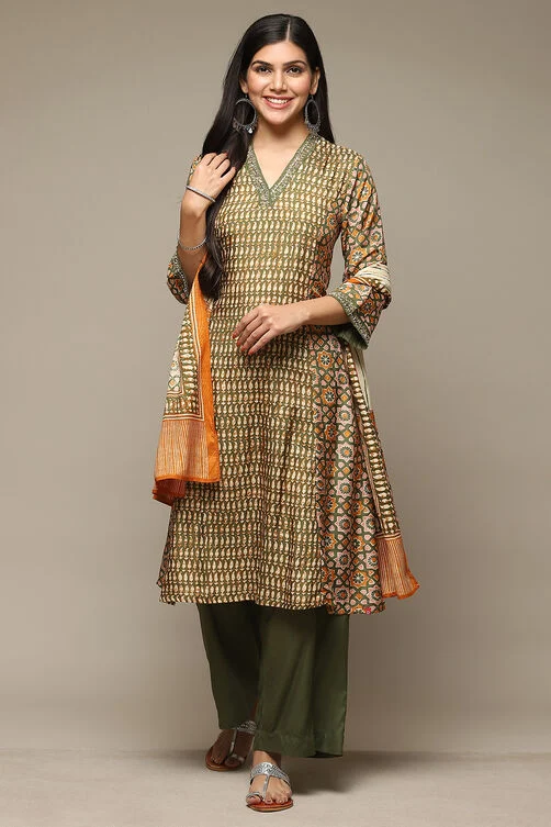 Women Green Modal A-Line Kurta Palazzo Suit Set