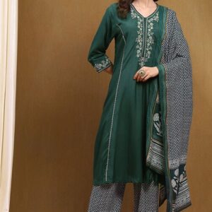 Women Green Modal Embroidered Festive Kalidar Suit Set