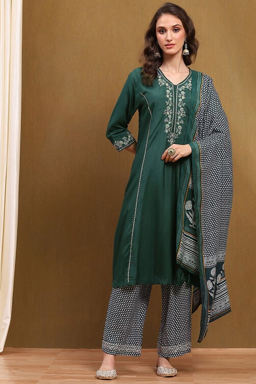 Women Green Modal Embroidered Festive Kalidar Suit Set