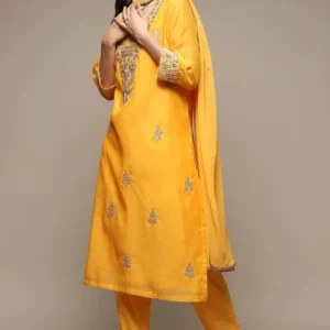Women Yellow Cotton Blend Straight Kurta Pants Suit Set