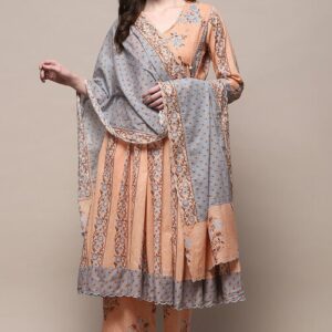 Women Peach Polyester Gathered Suit Set