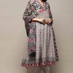 Women Grey Cotton Gathered Suit Set