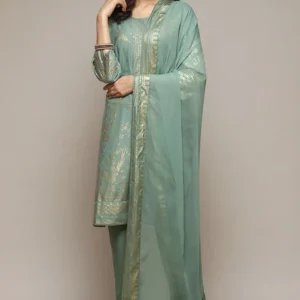 Women Sage Green Cotton Blend Straight Kurta Pants Suit Set