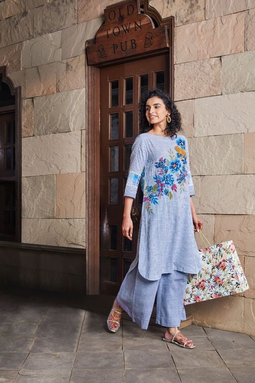 Women Blue Cotton Straight Suit Set - Image 7