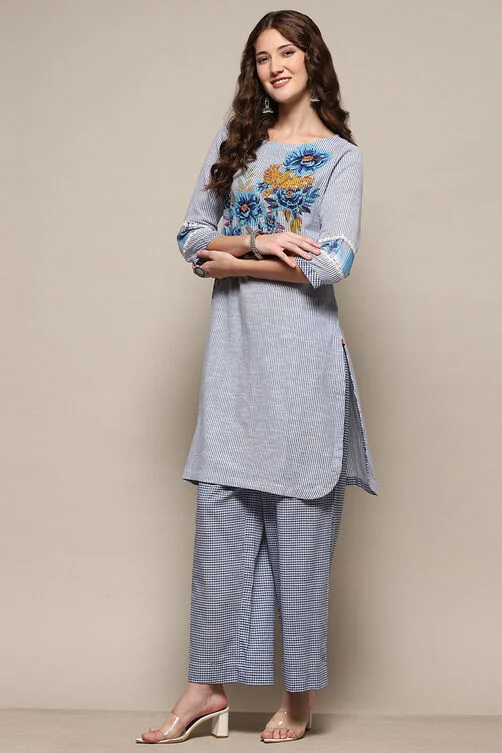Women Blue Cotton Straight Suit Set - Image 5